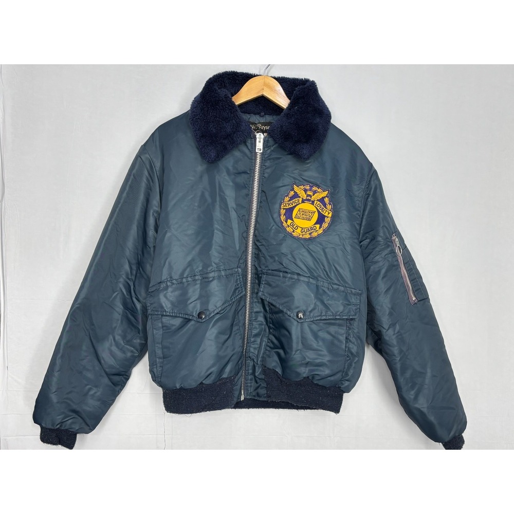 Vintage Full Zip Quilted Bomber Jacket Mens Blue Old Guard Flap Pockets XL Patch